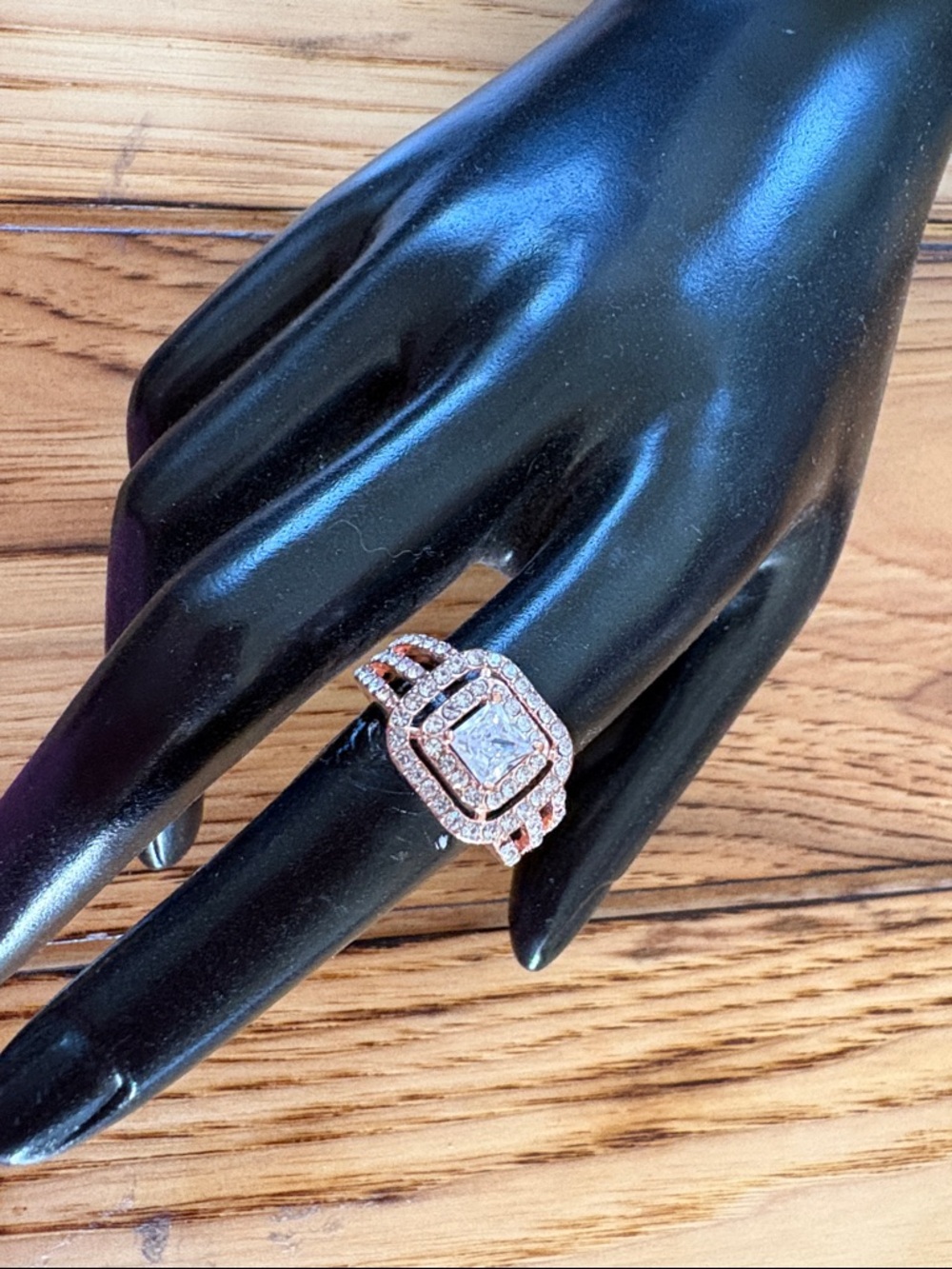 Rose Gold Square Halo Bridal Ring Set with Pavé Accents